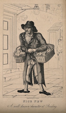 Nice New, an eccentric street peddler of Reading. Engraving by R. Cooper.