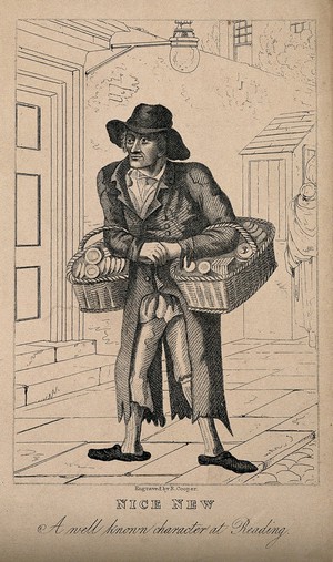 view Nice New, an eccentric street peddler of Reading. Engraving by R. Cooper.