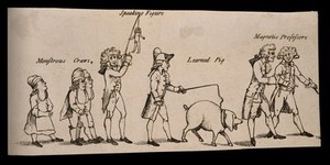 view A group of entertainers parading: the monstrous craws, a ventriloquist, a learned pig and two mesmerists. Etching, 178.