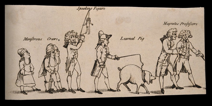 A group of entertainers parading: the monstrous craws, a ventriloquist, a learned pig and two mesmerists. Etching, 178.