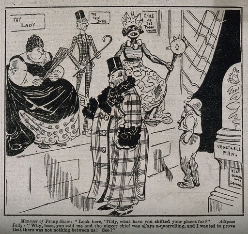 A comic sketch of a manager of a penny show and various characters he is exhibiting. Reproduction of a wood engraving.