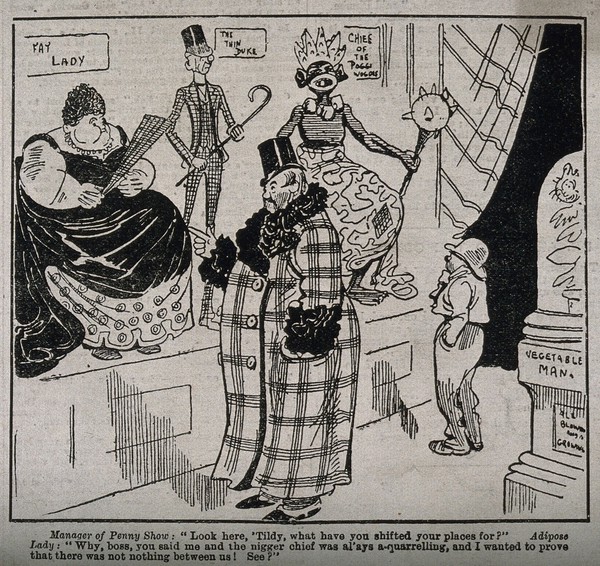 A manager of a penny show in conversaton with one of the characters whom he is exhibiting. Wood engraving.