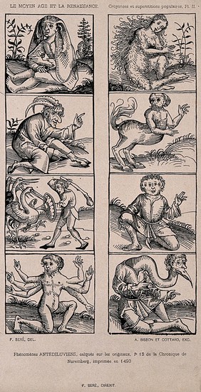 Eight different monsters. Reproduction of a wood cut.