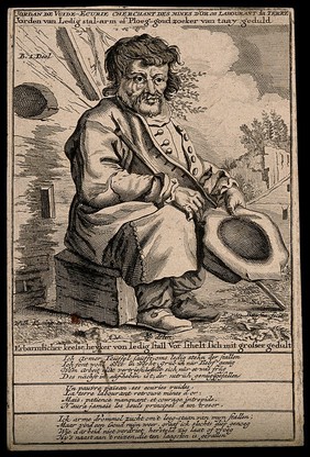 Jordan, a character, begging. Engraving by P. van Buysen.