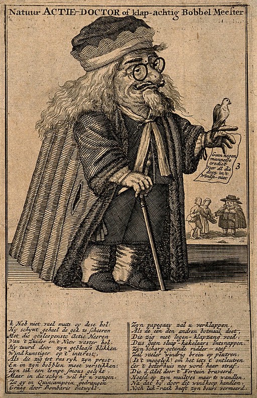 A Dutch physician involved in the Dutch speculation boom of 1720, holding a parrot. Engraving, 1720.