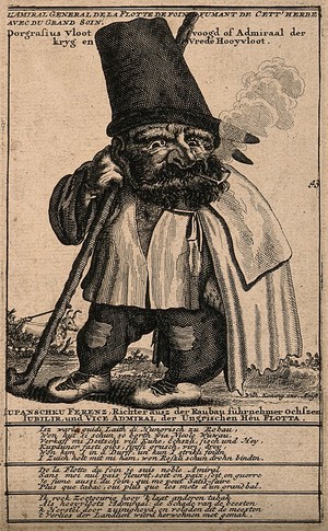 view Ferenz Lupanschku, a characterful man who smokes hay. Engraving by J. van Sasse.