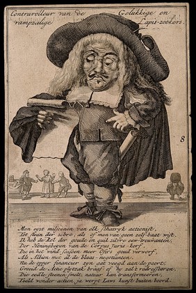 A dwarf reading. Engraving, 1720.