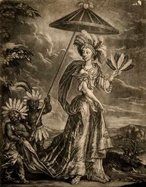 view A character in the play "The widdow Ranter": Semernia, a Native American queen, with two pageboys. Mezzotint by W. Vincent.