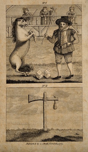 view A man exhibiting a counting horse with an unidentified object underneath. Engraving, 1785.