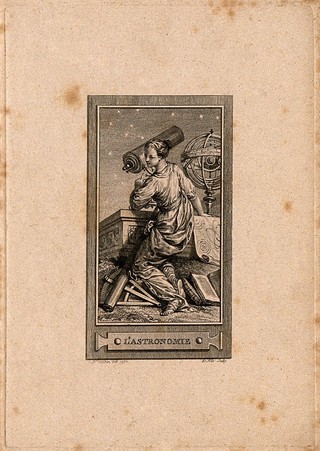 A female figure among astronomical apparatus: representing astronomy. Etching by F.D. Née after C-N. Cochin the younger, 1773.