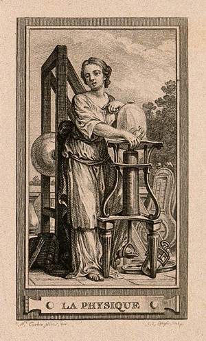 view A female figure with a vacuum pump; representing physics. Etching by C.L. de Lingée after C-N. Cochin the younger, c. 1773.