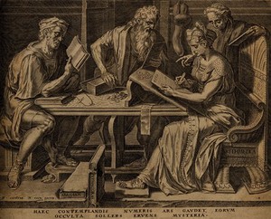 view Three men read while a woman writes numerals; representing arithmetic. Engraving by C. Cort, 1565, after F. Floris, c. 1557.