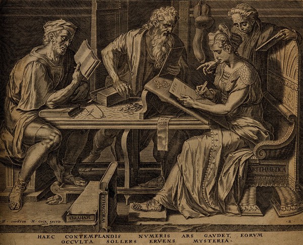 Three men read while a woman writes numerals; representing arithmetic. Engraving by C. Cort, 1565, after F. Floris, c. 1557.