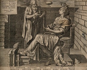 view An old man discourses with a woman with a bird on her head; representing dialectic. Engraving by C. Cort, 1565, after F. Floris, c. 1557.