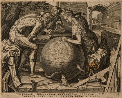 A woman with a castle on her head traces a compass across a globe while two men crouch over it; representing geometry. Engraving by C. Cort, 1565, after F. Floris, c. 1557.