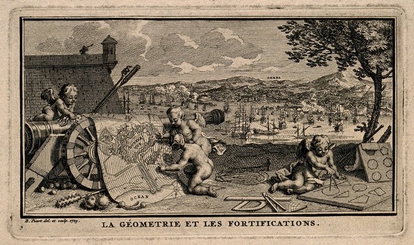 Putti plan war manoeuvres on maps with the help of geometrical diagrams; representing geometry and military science. Etching by B. Picart, 1729, after himself.