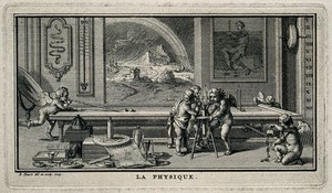 view Putti deprive a bird of air in a vacuum experiment, one plays at billiards, another plays with magnetised keys, while outside a storm rages: representing physics. Etching by B. Picart, 1729, after himself.