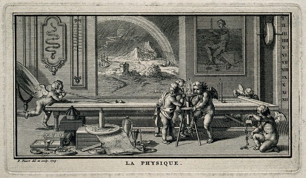 Putti deprive a bird of air in a vacuum experiment, one plays at billiards, another plays with magnetised keys, while outside a storm rages: representing physics. Etching by B. Picart, 1729, after himself.
