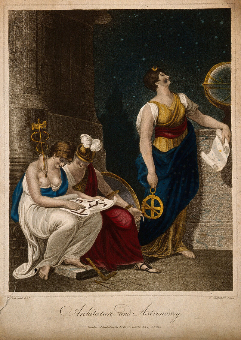 Women representing architecture and astronomy. Coloured stipple engraving by J. Chapman, 1803, after R. Corbould., 22 October 1803, by Richard Corbould