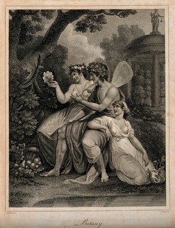 Three fairies in a garden looking at the plants; representing botany. Stipple engraving by J. Chapman after R. Corbould.