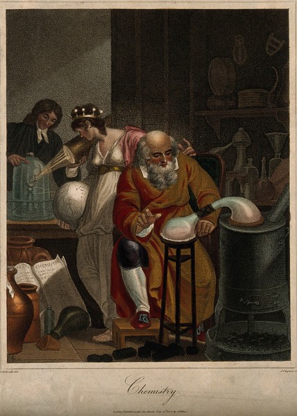 A man conducts an alchemical experiment with an alembic, in the foreground, in the background a female figure representing the world observes a man of the new school of chemistry who prepares an oxygen experiment with a glass jar and a candle: a representation of the historical transition between alchemy and chemistry. Coloured stipple engraving by J. Chapman, 1805, after R. Corbould.