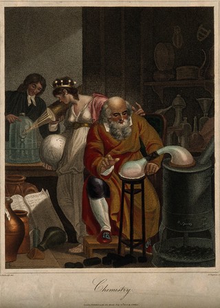A man conducts an alchemical experiment with an alembic, in the foreground, in the background a female figure representing the world observes a man of the new school of chemistry who prepares an oxygen experiment with a glass jar and a candle: a representation of the historical transition between alchemy and chemistry. Coloured stipple engraving by J. Chapman, 1805, after R. Corbould.
