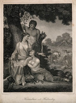 Nymphs in a field among cornucopias; workers scythe wheat; representing horticulture and agriculture. Stipple engraving by J. Chapman, c. 1810, after H. Corbould.