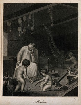 An old man rests his head on his hand; cherubs play in a room filled with mechanical instruments; representing mechanical philosophy (or 18th century physics). Stipple engraving by J. Chapman, 1816.