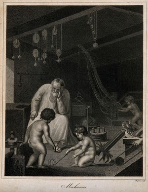 view An old man rests his head on his hand; cherubs play in a room filled with mechanical instruments; representing mechanical philosophy (or 18th century physics). Stipple engraving by J. Chapman, 1816.