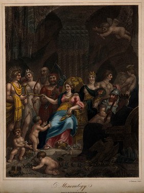 A goddess sits among a crowd of mythological figures with musical instruments and weapons; representing mineralogy. Coloured stipple engraving by J. Chapman, 1817.