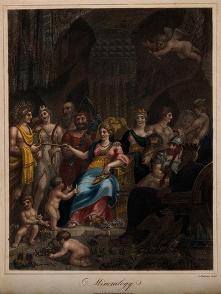 A goddess sits among a crowd of mythological figures with musical instruments and weapons; representing mineralogy. Coloured stipple engraving by J. Chapman, 1817.