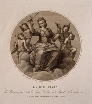 view A woman bearing a sword and measuring scales; representing justice. Engraving by P. Ghigi after L. Agricola after Raphael.