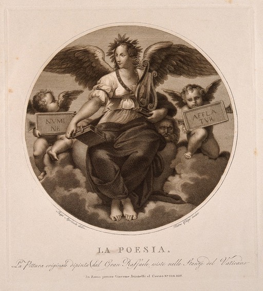 An angelic woman with a book and a harp; representing poesy. Engraving by P. Ghigi after L. Agricola after Raphael.