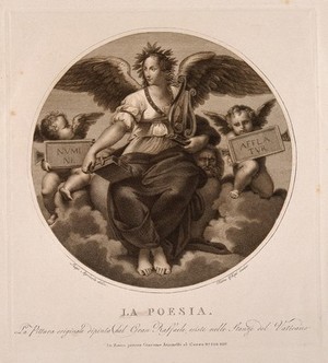 view A winged woman  holding a lyre and a book; representing poetry. Engraving by P. Ghigi after L. Agricola after Raphael.