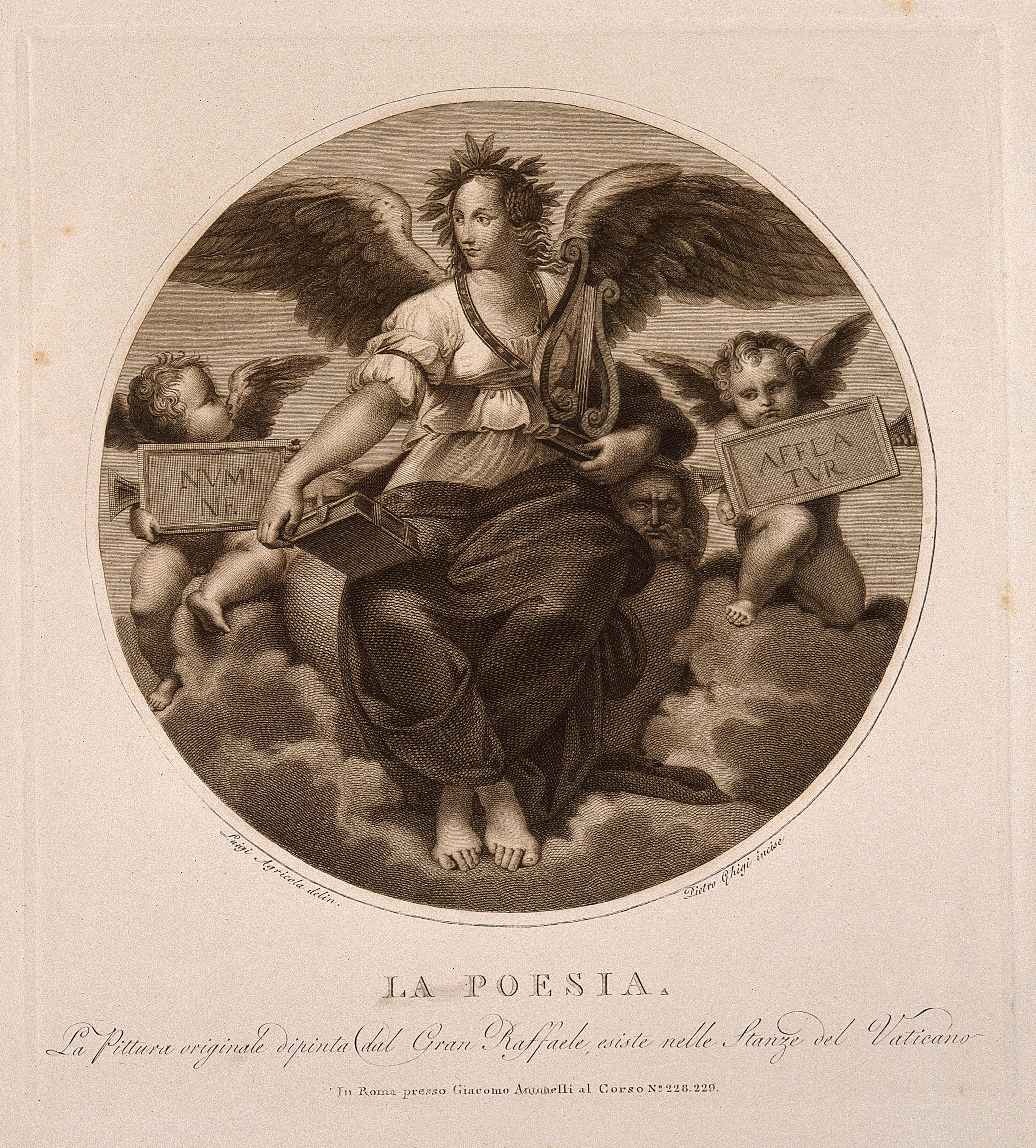 A winged woman  holding a lyre and a book; representing poetry. Engraving by P. Ghigi after L. Agricola after Raphael.