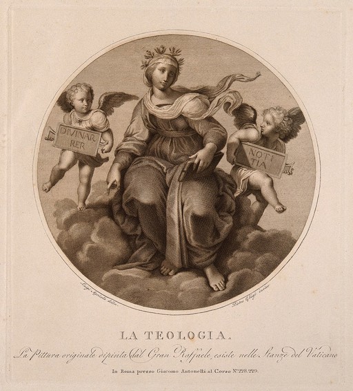 A woman with a Bible resting on the clouds. Engraving by P. Ghigi after L. Agricola after Raphael.