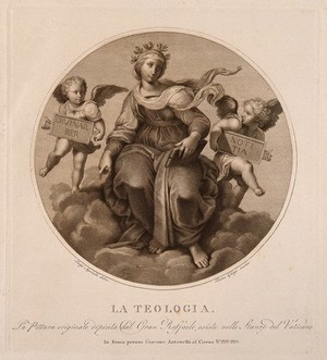 view A woman with a Bible resting on the clouds; representing theology. Engraving by P. Ghigi after L. Agricola after Raphael.