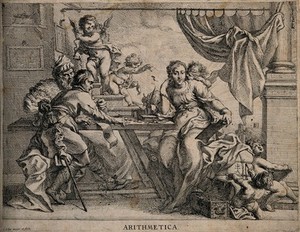 view Two merchants and a woman at a table; representing arithmetic. Etching by C. Schut after himself.