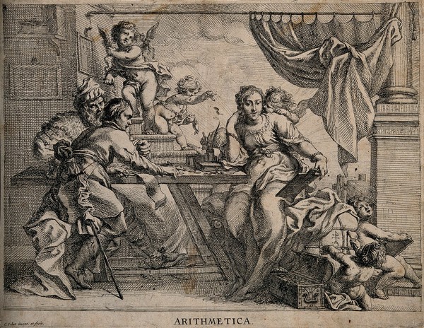 Two merchants and a woman at a table; representing arithmetic. Etching by C. Schut after himself.