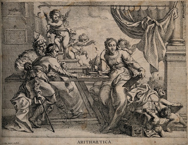 Two merchants and a woman at a table; representing arithmetic. Etching by C. Schut after himself.