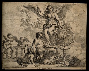 view A woman with an armillary sphere; representing astrology. Etching by C. Schut.