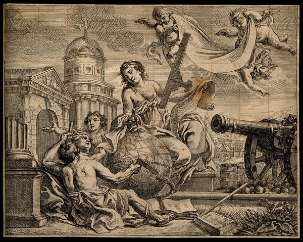 Figures with measuring instruments and a cannon; representing geometry and military science. Etching by C. Schut after himself.