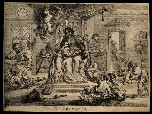 A woman on a throne in a classroom; representing grammar. Etching by C. Schut.