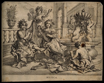 Apollo and a woman play music near a fountain, while a winged nymph sings; representing music. Etching by C. Schut after himself.