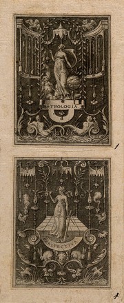 A woman looking through a level and holding a ruler and compasses, standing in front of a grid; representing perspective. Engraving by E. Delaune, ca. 1560.