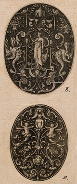 A bare-breasted woman, girt with fruits, flanked by putti standing in in cornucopias. Engraving by J. Th. De Bry, ca. 1580-1600.