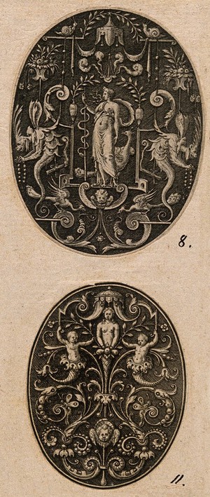 view A woman (Juno?) with a staff encircled by a snake and a peacock. Engraving by E. Delaune, ca. 1560.