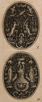 Two women and two rams at a sacrifice. Engraving by E. Delaune, ca. 1560.