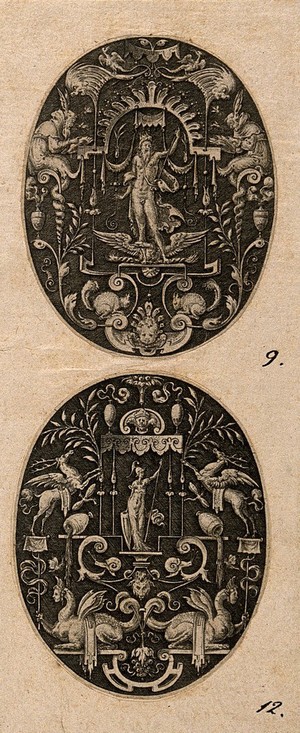 view The god Jupiter flanked by two scholars with winged heads and glasses. Engraving by E. Delaune, ca. 1560.