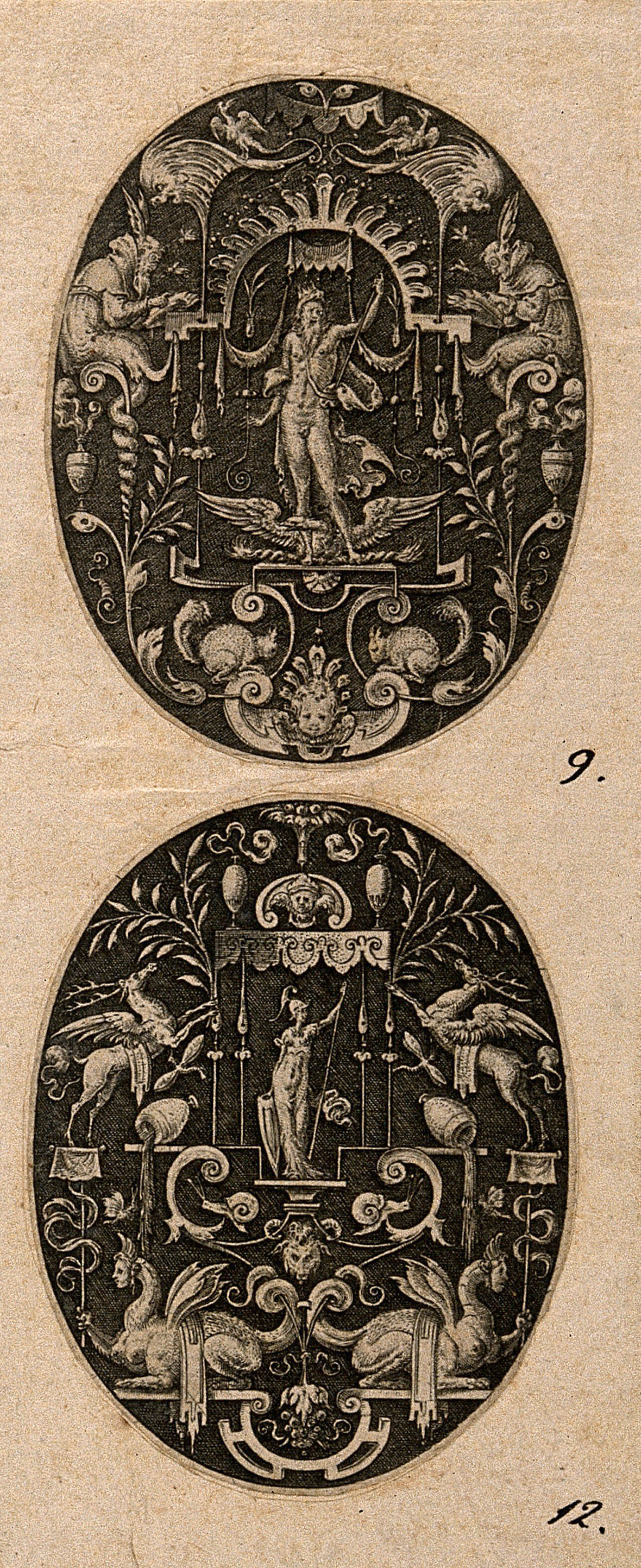 The god Jupiter flanked by two scholars with winged heads and glasses. Engraving by E. Delaune, ca. 1560.